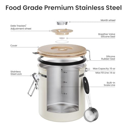Veken Coffee Canister, Airtight Stainless Steel Food Storage Container,16OZ - color: Cream, size: 16 oz