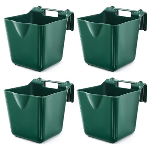 4 Pcs 15 Quart Plastic Hook Over Horse Feed Bucket for Stall Fence, Green - color: Green