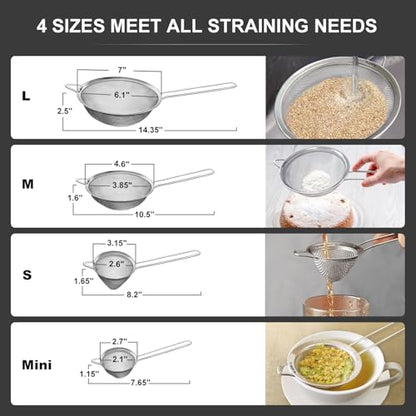 Walfos Fine Mesh Strainer 4PCS, Versatile Kitchen Strainer with Handle - 7", 4.6", 3.15", 2.7" Sieve Fine Mesh Stainless Steel, Metal Strainers and Sifters for Rice, Quinoa, Tea, Cocktail, Juice - size: 7", 4.6", 3.15", 2.7" (4pcs)