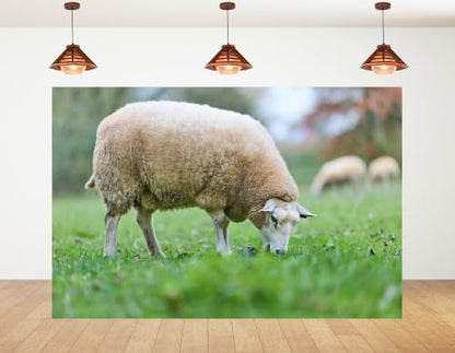 10x7ft Fabric White Wool Sheep Backdrop Green Grass Dry Leaf Blurred Garden Wildlife Photography Tapestry Party Pasture Decorations Photo Booth Props - size: 10x7ft