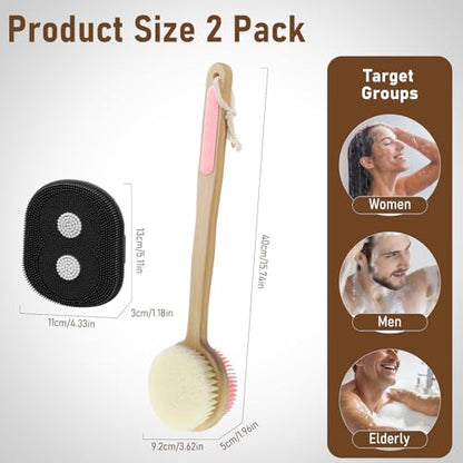 Silicone Body Back Scrubber for Shower 2 Pack, Long Handle Scrub Brush - color: Pink & Black