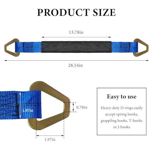 DXNQ 2" × 29" Premium Axle Tie Down Strap with D Rings, Heavy Duty Axle Strap with Protective Sleeve Working Load Limit 6614 Lbs, High Tension Axle Strap for Securing Car Transport (Blue) - color: Blue