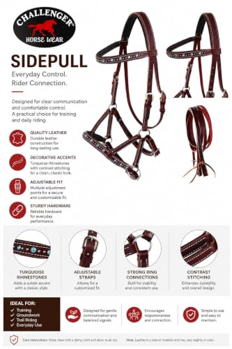 Horse Western Leather Beaded Bitless Sidepull Bridle Reins Rhinestone - color: Mahogany/Turquoise