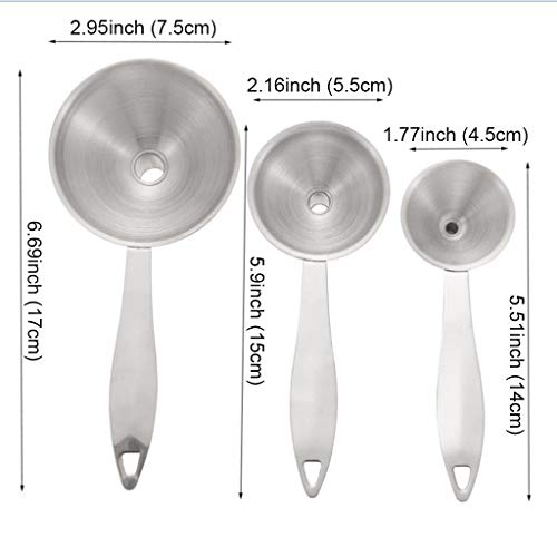 Small Funnels for Filling Bottles, 3 Pcs Stainless Steel Kitchen Funnel Set, Food Grade Mini Metal Funnel for Transferring Essential Oils, Liquid, Fluid, Dry Ingredients & Powder, Durable and Dishwash - size: 3 Pack (2.95" + 2.16" + 1.77")