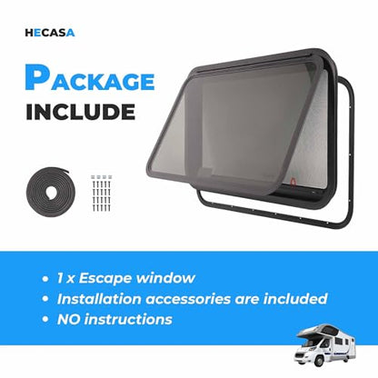 HECASA 30"W x 20"H RV Emergency Exit Window w/Trim Ring & Screen Tinted | Glass Side Window Push Out Egress for Cargo, Camper, Horse Trailer Aluminium Tempered Glass Plastic Rubber - size: 30" W x 20" H