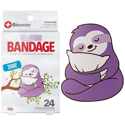 BioSwiss Bandages, Sloth Shaped Self Adhesive Bandage Set, Latex Free, Sterile Wound Care, 24 Count - size: 24-Count Box, style: Sloth