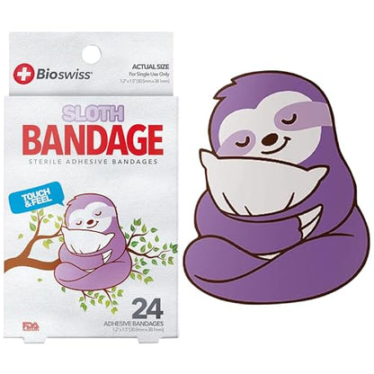 BioSwiss Bandages, Sloth Shaped Self Adhesive Bandage Set, Latex Free, Sterile Wound Care, 24 Count - size: 24-Count Box, style: Sloth