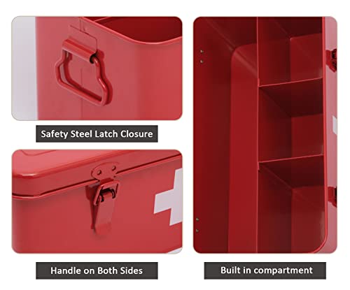 First Aid Medicine Box, First Aid Kit Supplies Bin, Metal Medicine Storage Tin, First Aid Empty Box with Safety Lock for Home Emergency Tool Set-Red - color: Red