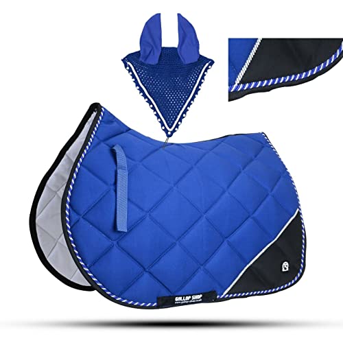 Quilted English Saddle Pad, Matching Ear Bonnet Set Breathable Riding Numnah Shock Absorbing Padding for Jumping, Schooling - color: Storm Cloud Grey