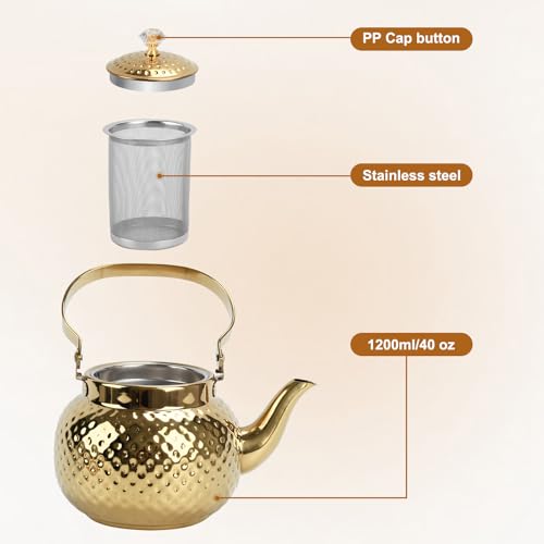 1.2L Hammered Tea Kettle Stovetop, Gold Tea Pot with Strainer for Stove - color: Gold-1.2L