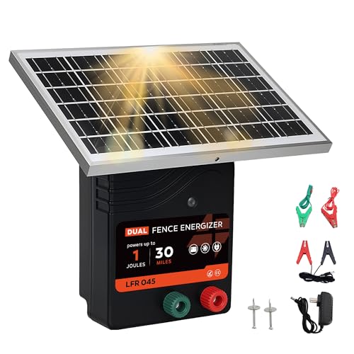 30 Miles Solar Electric Fence Charger, 1 Joule Portable Solar Fence Charger, Solar Electric Fence Kit, with 10W Solar Panel for Livestock, Preventing Predators from Intruding - size: LFR 045