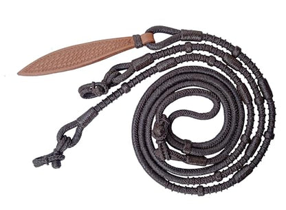 Handcrafted Elegance- Dark Brown Rawhide Rope Romal Reins with Leather Braided Knots- Premium Horse Tack for Ranch Riding Reins-8.5 Ft Rein, 52' Romel