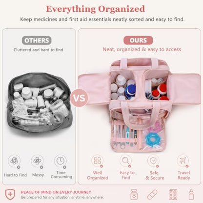 Travel Medicine Storage Bag with 2 Compartments, Wide-Mouth Medical Organizer, Puffy Lightweight First Aid Bag for Prescription Bottles, Pill Cases, Medical Supplies & Family Emergency Essentials - color: Pink