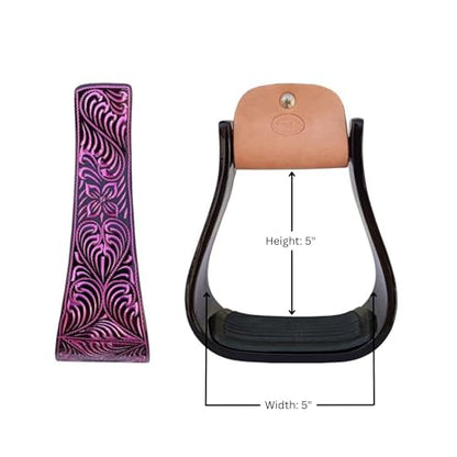 CHALLENGER Horse Western 5" Wide Barrel Racer Black Aluminum Engraved Show Stirrups 51248 - color: Black Pink