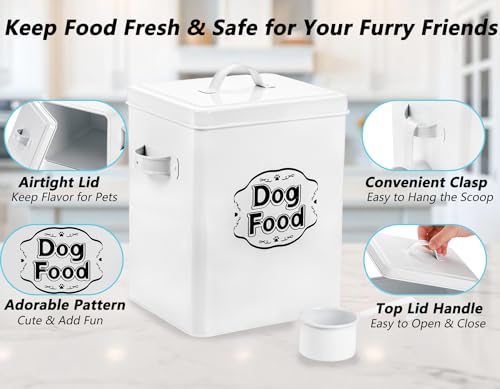 Youeon 5-7 Lbs(25 Cup) Metal Dog Food Storage Container with Lid and Scoop, Airtight Dog Treat Container, Farmhouse Pet Food Storage Container, Cute Dog Food Canister, Gift for Dogs and Owners, White