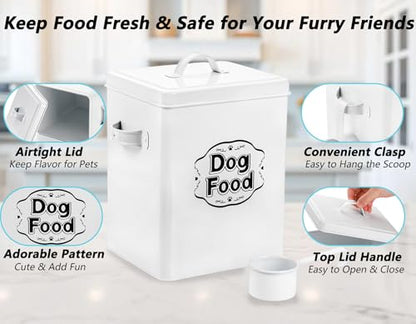 Youeon 5-7 Lbs(25 Cup) Metal Dog Food Storage Container with Lid and Scoop, Airtight Dog Treat Container, Farmhouse Pet Food Storage Container, Cute Dog Food Canister, Gift for Dogs and Owners, White