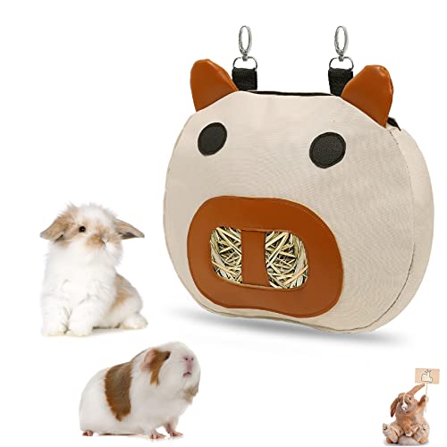 Rabbit Hay Feeder Bag with 2 Hanging Hooks for Small Animal Cage Mess Free | Guinea Pig Timothy Hay Dispenser Storage Mamger Large Less Waste for Bunny, Cute Shape Decor