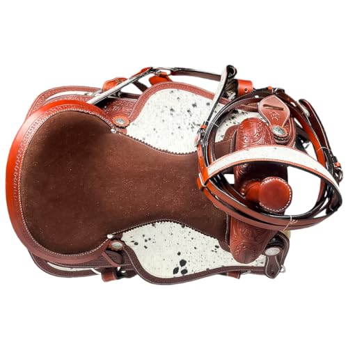 Western Barrel Saddle Set Brown Genuine Leather Hair On Cowhide Hand Tooled Horse Saddle with Headstall, Breast Collar & Reins for Trail Riding, Rodeo, Ranch & Pleasure, 8-17 Inch - size: 8 Inch