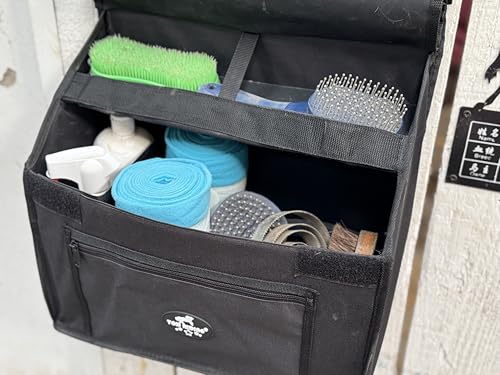 Stall Front Organizer Bag, Black, Multi-Compartment Storage, Horse Grooming Supply Holder with Top Loading Design
