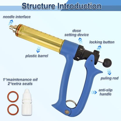 VET.PLUS 50ML Automatic Livestock Syringe for Cow Goat Hog Sheep with Two Tubes, Continuous Repeating Cattle Vaccine Gun, Dose Adjustable Luer Lock Interface Syringe - size: 2 Tubes (50ML)