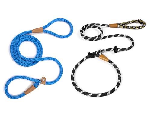 lynxking Dog Leash 1/2in x 5ft Slip Lead Blue and 3/8in x 6ft Slip Lead Reflective Black, 2 Pack