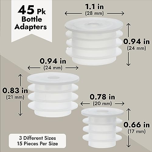 Juvale Medicine Bottle Adapter for Syringe - 45 Pack, 17/21/24 mm, Clear Polypropylene - Press-In Bottle Adapter for Oral Syringes - For Pediatric & Veterinary Dosing