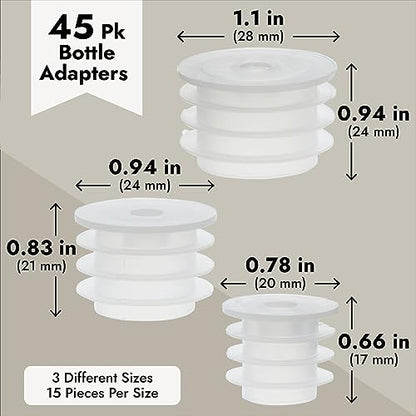 Juvale Medicine Bottle Adapter for Syringe - 45 Pack, 17/21/24 mm, Clear Polypropylene - Press-In Bottle Adapter for Oral Syringes - For Pediatric & Veterinary Dosing