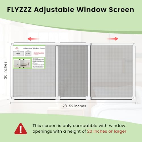FLYZZZ Adjustable Window Screen for Hung Windows, White Expandable Horizontal Sliding Screen, 20" H x 28-52" W with Black Fiberglass Mesh Removable Window Screen Replacement, 1-Pack - size: L(20" H x 28-52" W )- 1 Pack