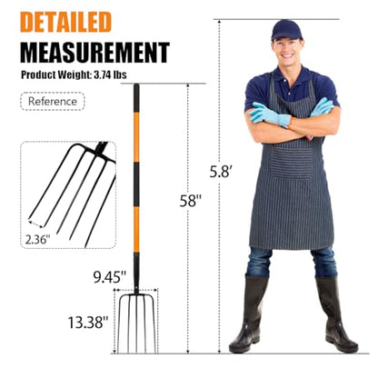 VNIMTI Pitch Fork for Gardening, 5 Tine Pitchfork Heavy Duty with Fiberglass Handle, 58 Inches