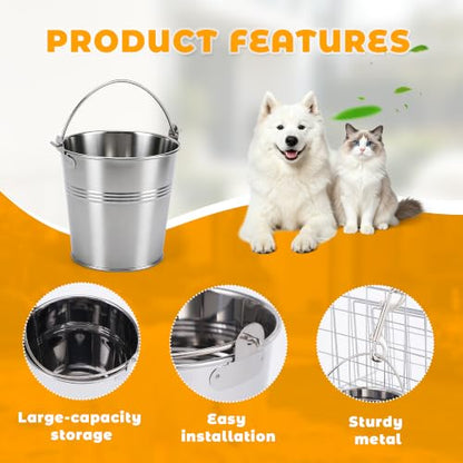 4 Pack 1 Quart Stainless Steel Hanging Pet Bucket with 4 Double End Snap Hooks, Heavy Dog Water Food Pail for Crate Kennel Cage, Rust Proof Farm Feeder Bowl for Dogs Cats Rabbit Chicken