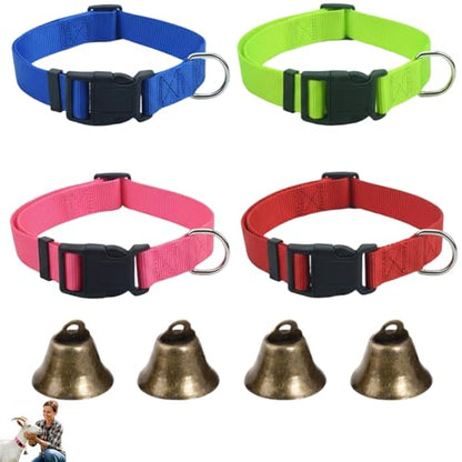 4Pcs Goat Collars with Bells, Nylon Animal Collars in Red Green Blue Pink Colors, Adjustable Farm Collar for Grazing Management and Animal Tracking, Durable Livestock Accessories for Small Farms