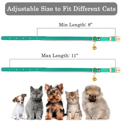 OOPSDOGGY Rolled Leather Cat Collar with Bell - Reflective Kitten Collar with Safety Elastic Strap - Adjustable Small Pet Collars for Boy Girl Cats (Teal) - color: Teal