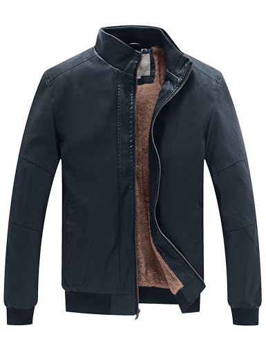 WenVen Men's Stand Collar Fleece Lined Faux Leather Jacket Warm Winter Coat | Bomber Outerwear - color: Navy, size: Large