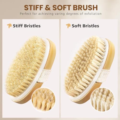 POPCHOSE Dry Brushing Body Brush, Natural Bristle Exfoliating Brush | Natural Boar Bristle Body Brush, Dry or Wet Exfoliating Shower Scrub Brush for Smoother Skin, Self Care Routine Gift - size: 2 Count (PP+Boar Bristles)