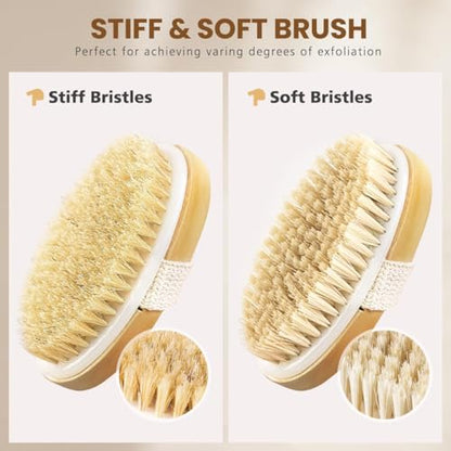 POPCHOSE Dry Brushing Body Brush, Natural Bristle Exfoliating Brush | Natural Boar Bristle Body Brush, Dry or Wet Exfoliating Shower Scrub Brush for Smoother Skin, Self Care Routine Gift - size: 2 Count (PP+Boar Bristles)