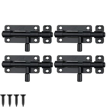 JQK Door Security Slide Latch Lock Barrel Bolt, 304 Stainless Steel Sliding Gate Latches Thickened 1.4mm with Padlock Hole, Black, 4 Pack HBB120-BK-P4 - color: Black, size: 4 Pack