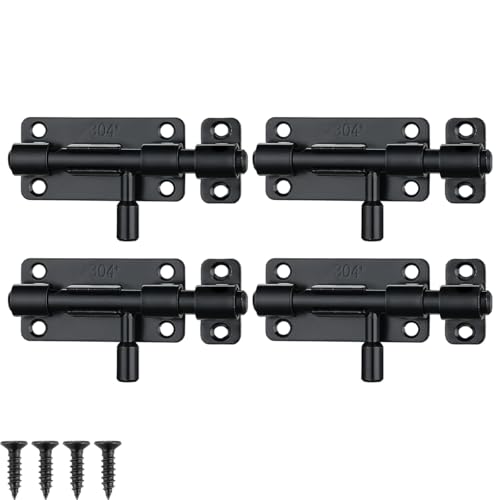 JQK Door Security Slide Latch Lock Barrel Bolt, 304 Stainless Steel Sliding Gate Latches Thickened 1.4mm with Padlock Hole, Black, 4 Pack HBB120-BK-P4 - color: Black, size: 4 Pack