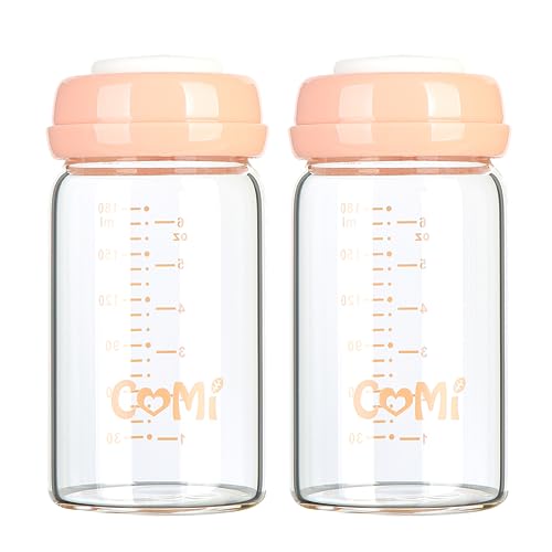 COMI Wide Neck Glass Breastmilk Collection n Storage Bottle, 6oz with Screw Ring Sealing Disk; Re-markable Sealing Disc. BPA Free, Fits Breast Pumps & Nipples (2 Pack Pink Lids) - style: 180ml 2PINK