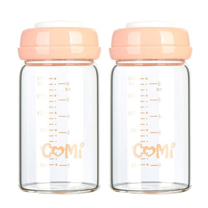COMI Wide Neck Glass Breastmilk Collection n Storage Bottle, 6oz with Screw Ring Sealing Disk; Re-markable Sealing Disc. BPA Free, Fits Breast Pumps & Nipples (2 Pack Pink Lids) - style: 180ml 2PINK