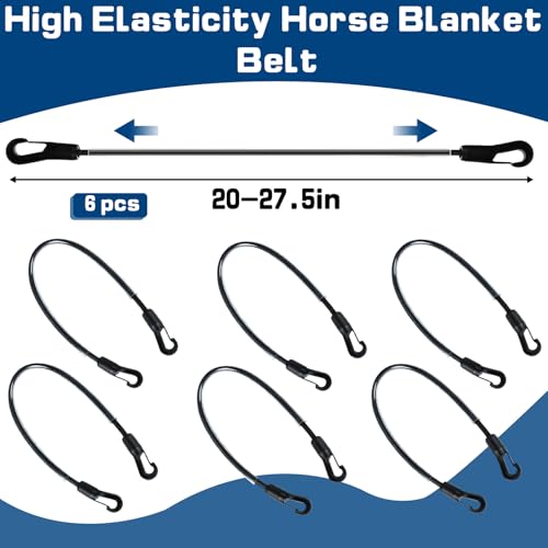6-Pack Horse Blanket Leg Straps-Elastic Replacement Straps, Horse Supplies | with Double-Ended Quick Clips 20" Adjustable Stretchy Leg & Tail Straps, Fit for Winter Turnout Rugs & Stall Buckets (Medium)