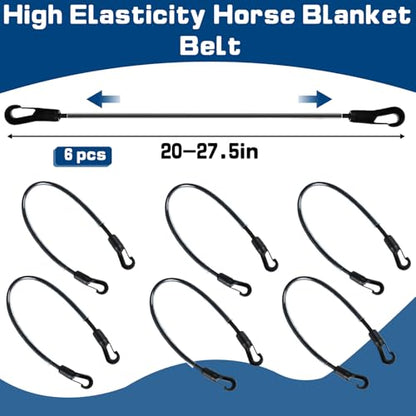 6-Pack Horse Blanket Leg Straps-Elastic Replacement Straps, Horse Supplies | with Double-Ended Quick Clips 20" Adjustable Stretchy Leg & Tail Straps, Fit for Winter Turnout Rugs & Stall Buckets (Medium)