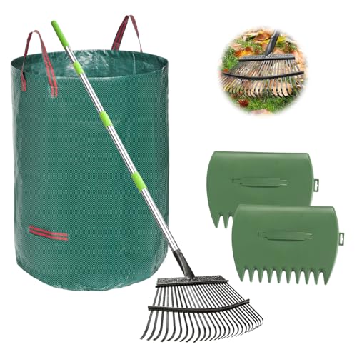65 Inch 25 Tines Metal Leaf Rake Set with 32 Gal Bags Scoops, 18in Wide | Heavy duty lawn rake, Garden leaf collector, Yard clean up tool, Metal tines rake, Camping gear, Shrub rake, Weed remover - style: Green