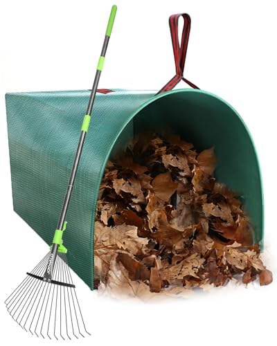 63.4 Inch Adjustable 18 Tines Metal Leaf Rake Set with 40 Gal Dustpan Bags | Adjustable garden rake, Leaf scoop set, Lawn debris collector, Metal tine rake,Outdoor yard tool,Garden shrub & grass sweeper - style: Green Rake Set