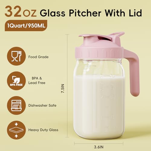 JunVpic Breast Milk Pitcher, 32 oz Wide Mouth Glass Mason Jar with Lid - color: Pink, size: 32 Ounces