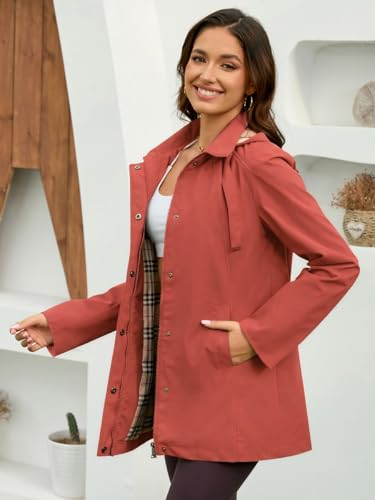 Womens Long Hooded Rain Jacket Waterproof Outdoor Hiking Raincoat Windbreaker Lightweight Trench Coat - color: Brick-red, size: Small