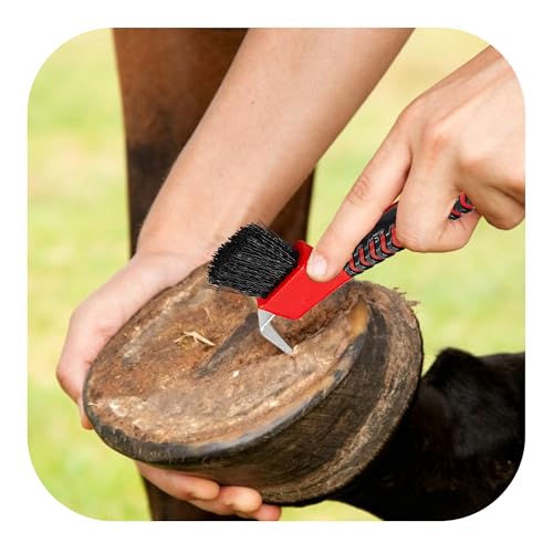 Red Horse Hoof Pick Brush, Soft Grip Handle with Stiff Bristles for Effective Hoof Cleaning Portable Grooming Tool - color: Red