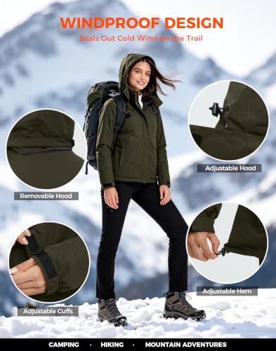 wantdo Women's Waterproof Ski Jacket Warm Fleece Lined Snow Winter Coat | 10000mm Waterproof Snowboard Jacket for Skiing, Hiking, Commute, Removable Hood, 6 Pocket, Windproof Warm -10°F to 50°F - color: Army Green, size: Medium