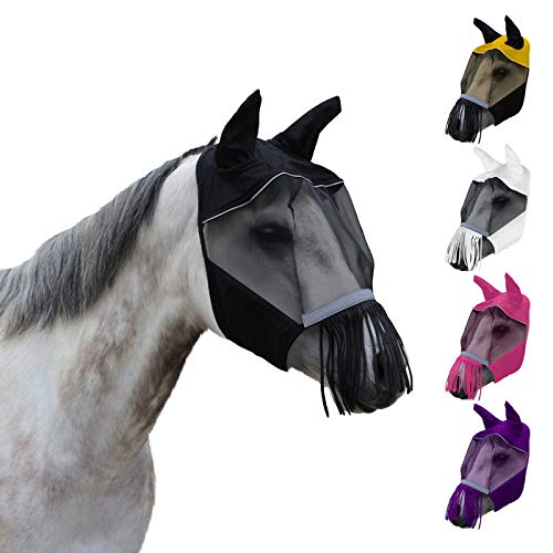 Derby Originals Reflective Safety Horse Fly Mask with Ears and Nose Cover Fringes - color: Black, size: X-Large (Oversize/Warmblood)