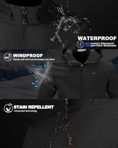 33,000ft Men's Hooded Fleece Lined Rain Shell Jacket Waterproof Lightweight - color: Darkgrey Melange, size: Medium