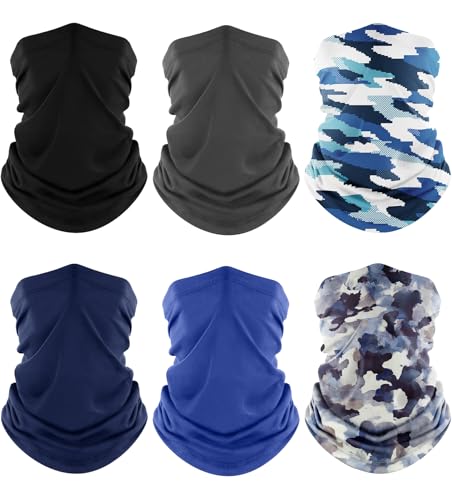 Fuinloth Neck Gaiter, 6 Pack Cooling UV Protection Bandana Face Mask Gator - color: Black+gray+navy+blue+ink-blended Blue+pixel Camo